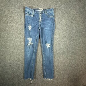 Free People High Rise Button Fly Ripped Jeans Distressed Blue Denim Size 30